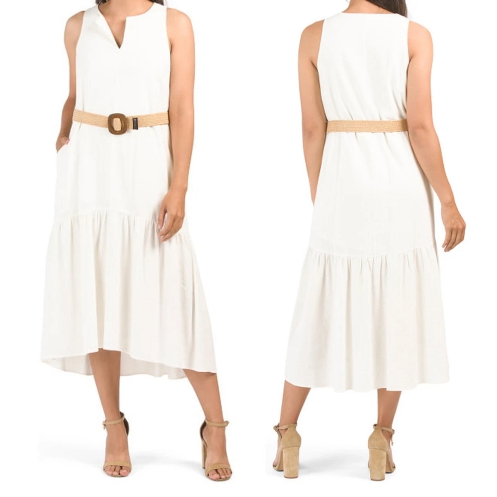 ADYSON PARKER Easy Tier Linen Dress Split Neck Cream Cottage Boho Prep XL 12 14 - Picture 1 of 10